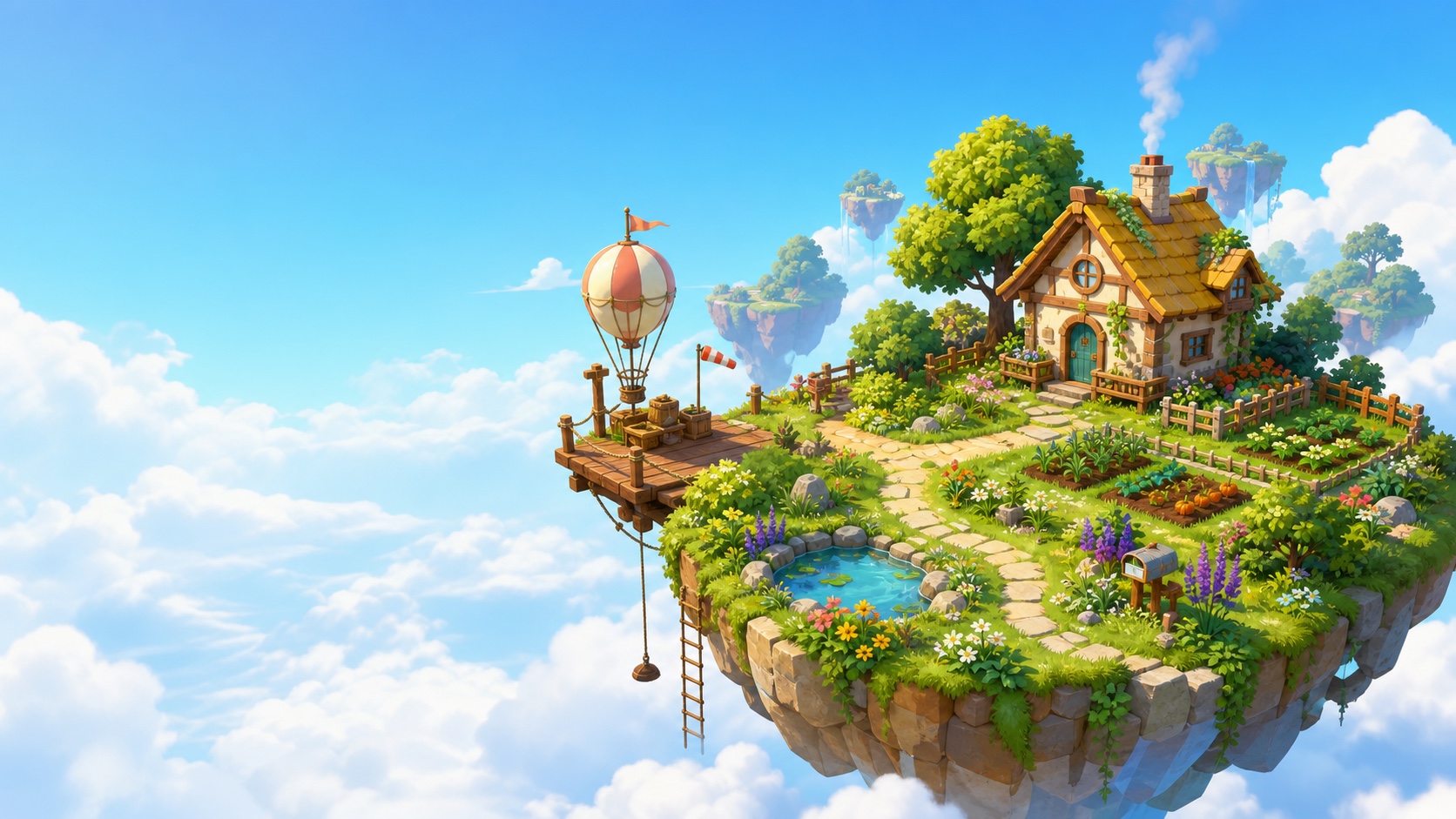 Original stylized guide illustration of an unoccupied floating island with a cottage, garden, pond, cloud sea, and balloon platform.