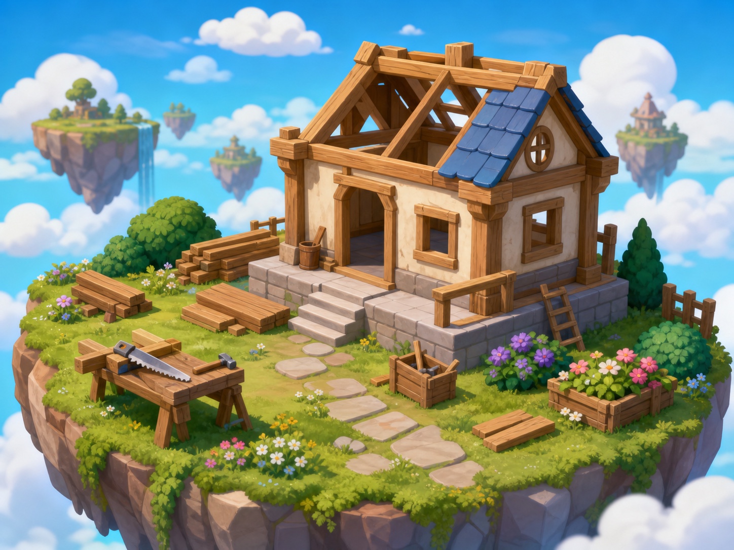 Original stylized guide illustration of a generic cottage being assembled on a small floating island.