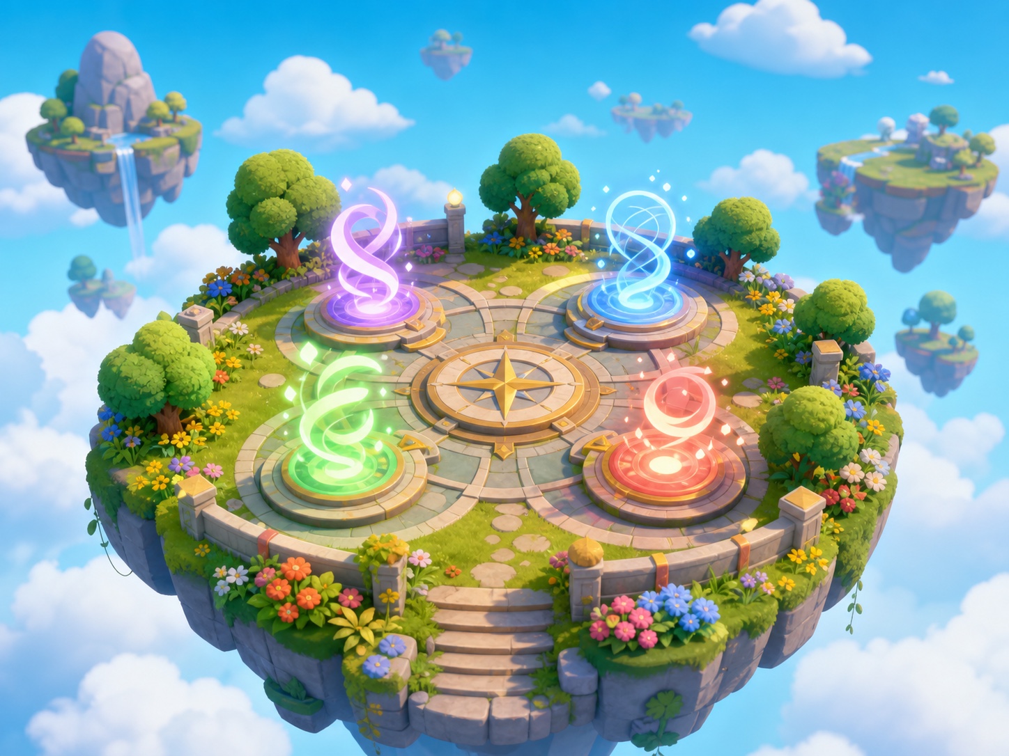 Original stylized guide illustration of four abstract colored light forms on a floating-island plaza.