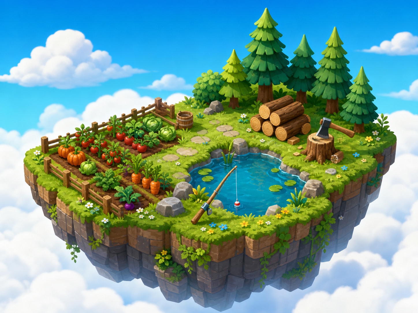 Original stylized guide illustration of a garden, pond, fishing rod, trees, logs, and axe on a floating island.