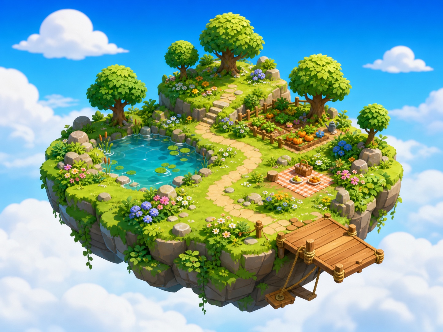 Original stylized guide illustration of an unoccupied floating island with a pond, garden, path, and travel platform.